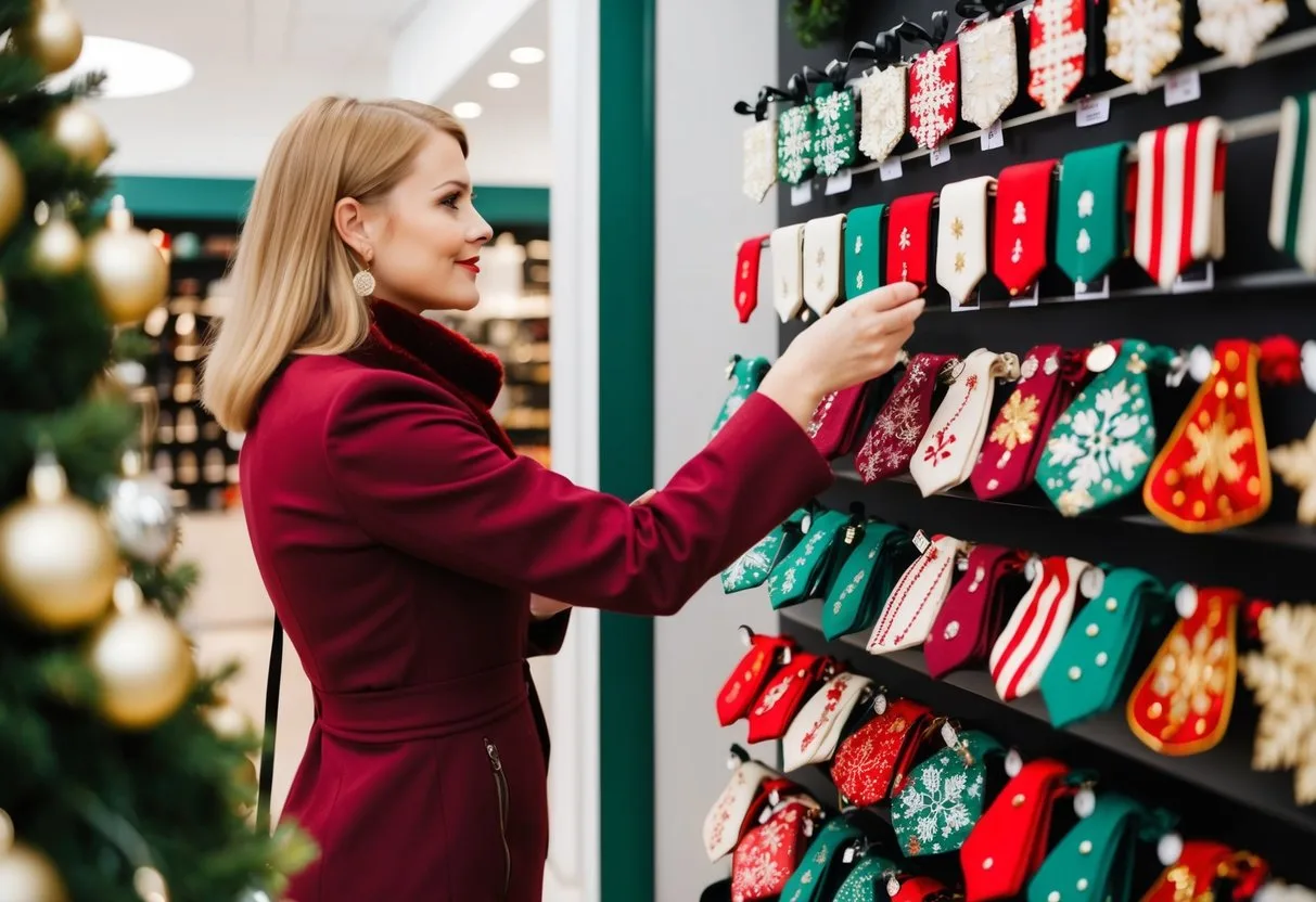 A customer selects festive hair accessories in a Swedish store examining a display of holiday-themed designs